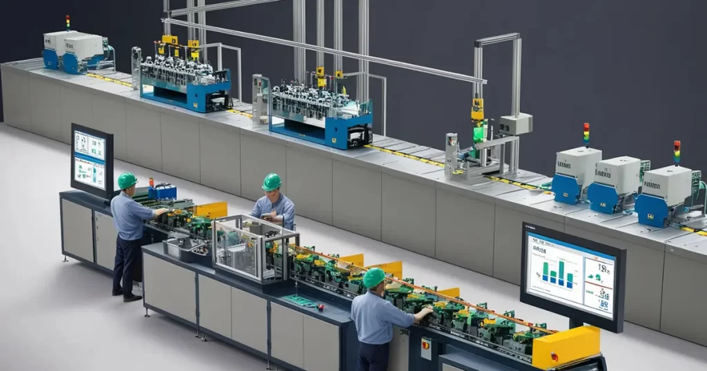 Immagine di una catena di produzione in un ambiente aziendale moderno. La scena mostra diverse fasi della catena di produzione in un'unica vista panoramica, con ogni fase ben distinta. In primo piano, visualizza una linea di assemblaggio con macchine automatizzate e operai che lavorano. Ogni stazione di lavoro è chiaramente identificata.E' presente un sistema informatico avanzato che monitora e analizza le prestazioni della catena di produzione. Il software ERP ha schermi e pannelli di controllo situati accanto alla linea di produzione. I pannelli mostrano grafici, statistiche e indicatori di prestazione (KPI) che illustrano i tempi e le prestazioni.L'ambiente circostante appare pulito e organizzato, con illuminazione adeguata che enfatizza la modernità e l'efficienza del processo produttivo.