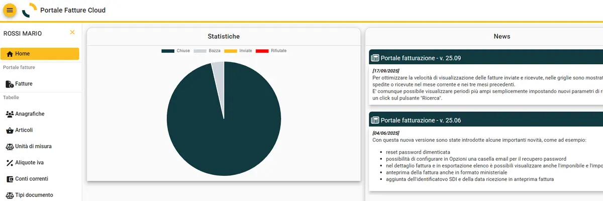 Interfaccia del software Fatture in cloud per la gestione di fatture e contabilità online