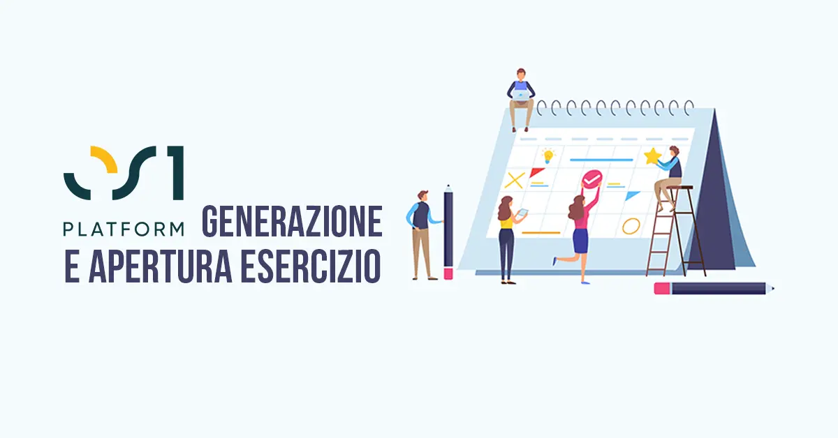 Generazione dell’esercizio del nuovo anno in OS1 rappresentata da un calendario con operatori stilizzati