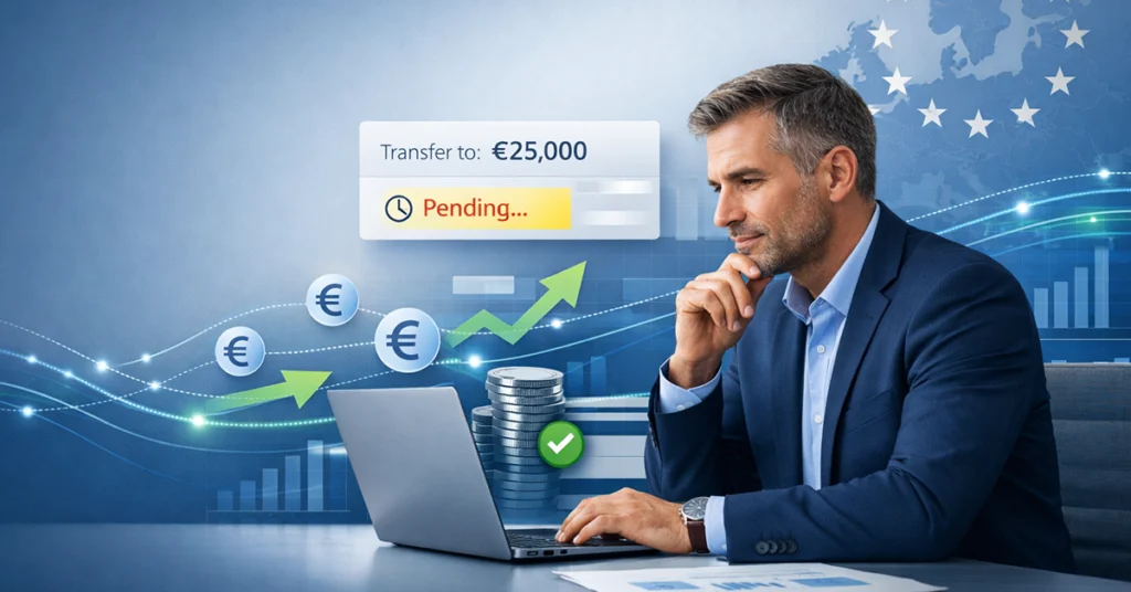 Manager analizza un bonifico bancario in stato pending su dashboard finanziaria con elementi fintech europei e flussi di pagamento in Euro.