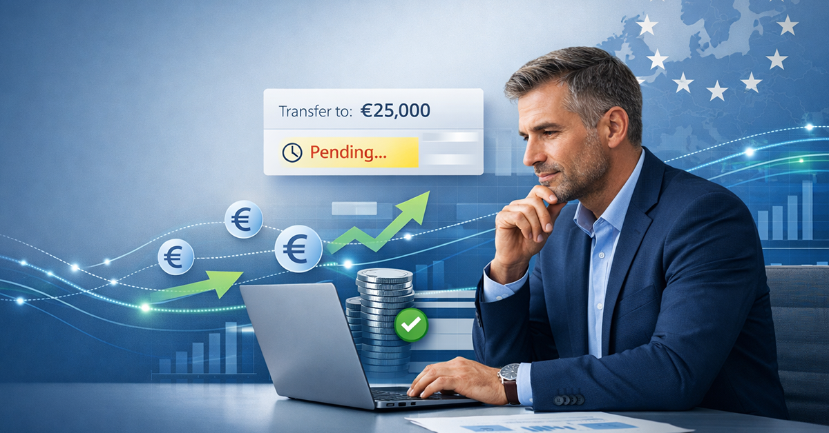 Manager analizza un bonifico bancario in stato pending su dashboard finanziaria con elementi fintech europei e flussi di pagamento in Euro.