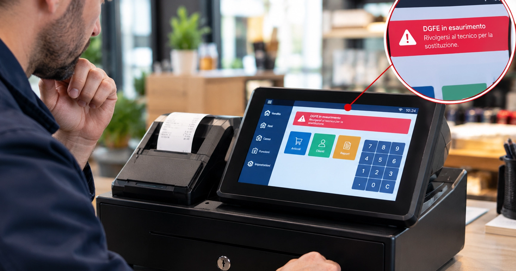 Messaggio DGFE in esaurimento sul display di un registratore di cassa