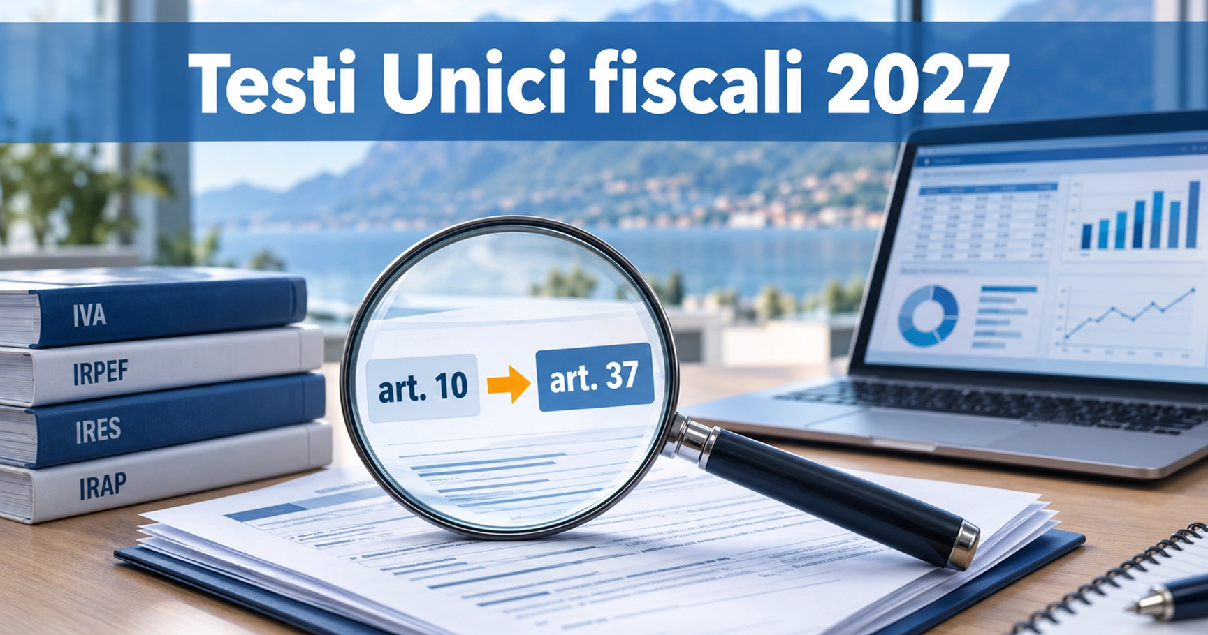 Lente d&rsquo;ingrandimento su documenti fiscali che mostra il passaggio da art. 10 ad art. 37: app TrovaTU e nuovi Testi Unici 2027